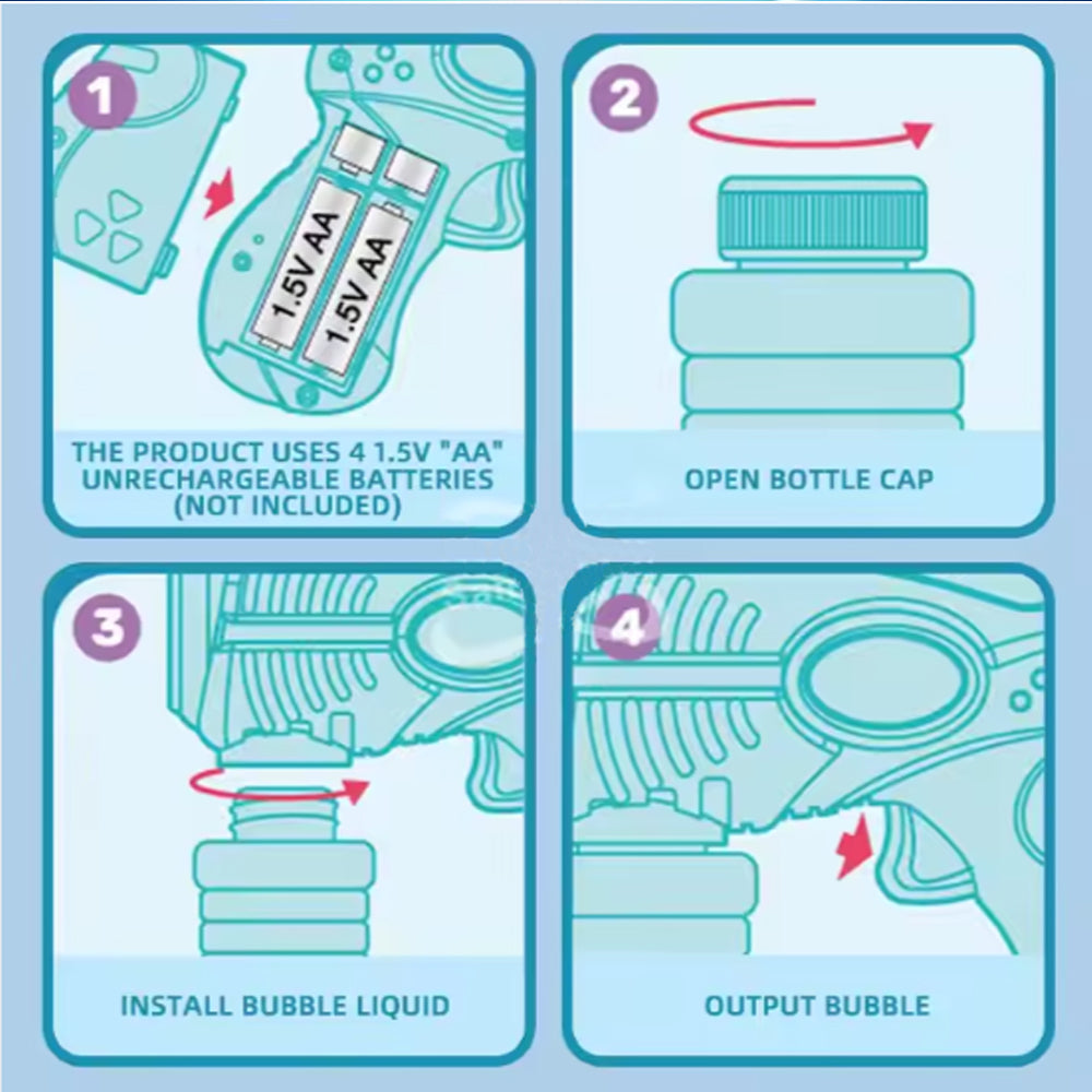 Blaster Bubble Blowing Toy Gun Tons of Bubbles LED Light Night or Day