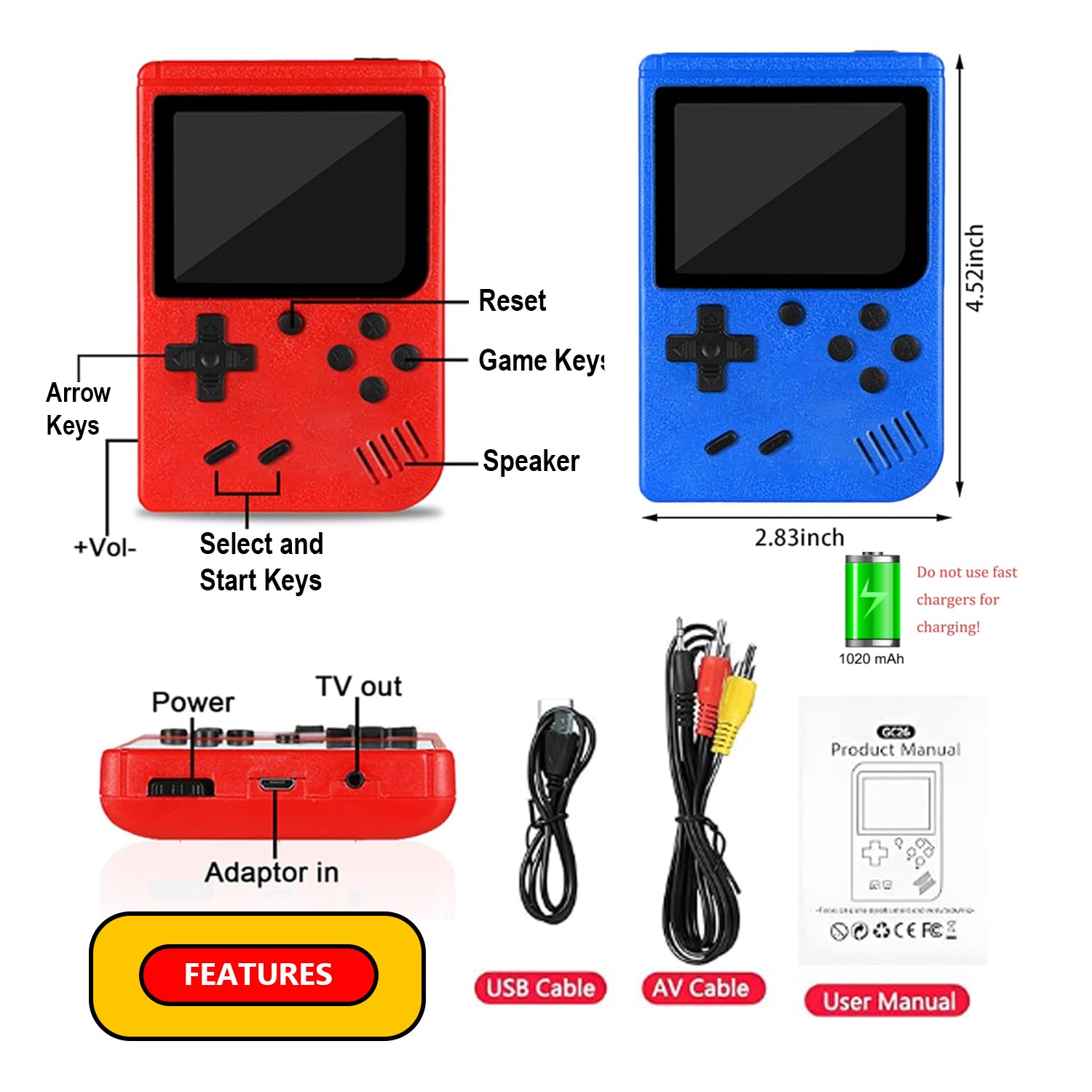 2 Pack Handheld Games for Kids Console 400 Retro Video Games, Portable Gaming Player Mini Arcade Electronic Toy Gifts for Boys Girls 2 Pack
