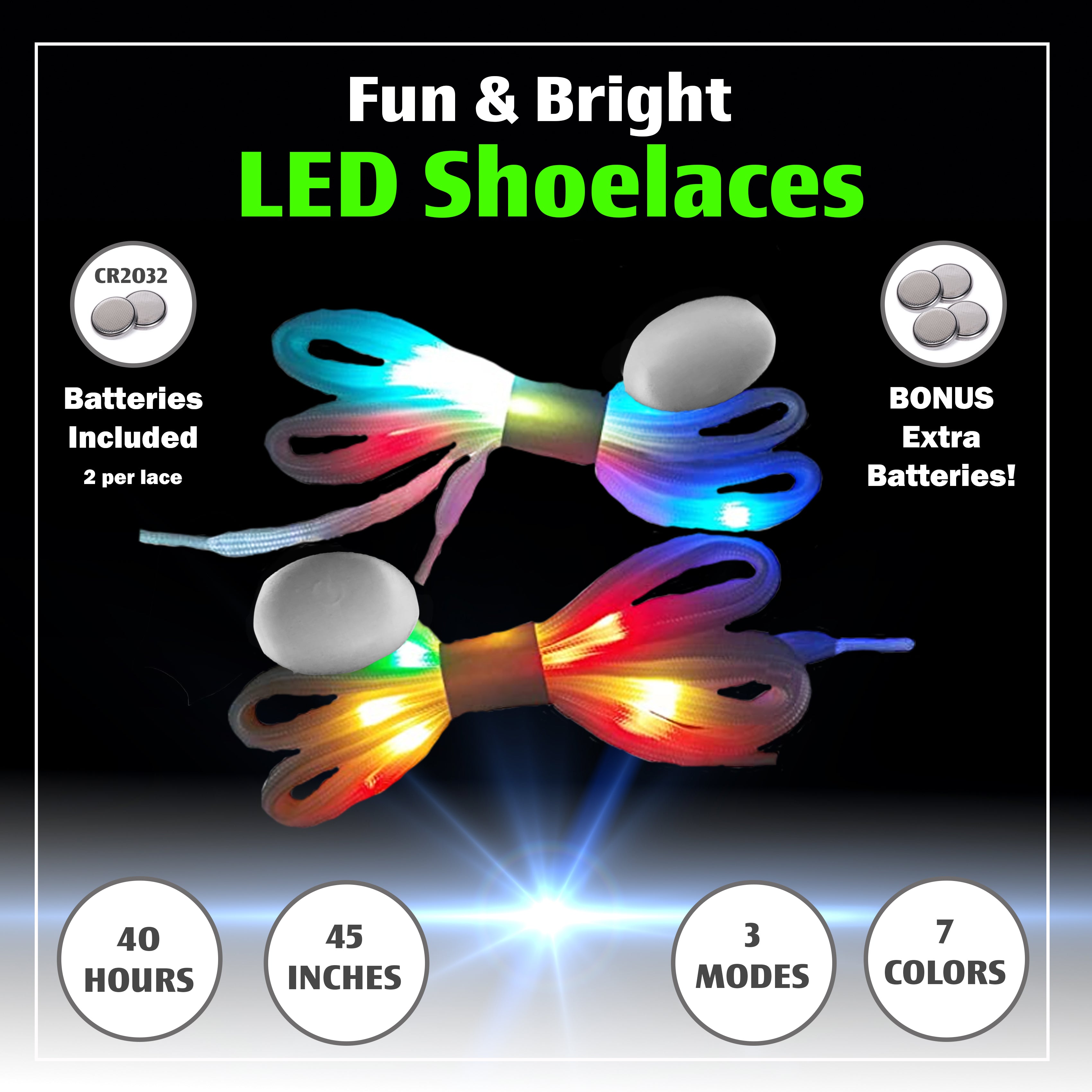 |4 Pairs| 7 Color Strobe LED Light Up Shoe Laces Glow in the Dark White Tie Shoelaces for Sneakers, Skates, 45 inch