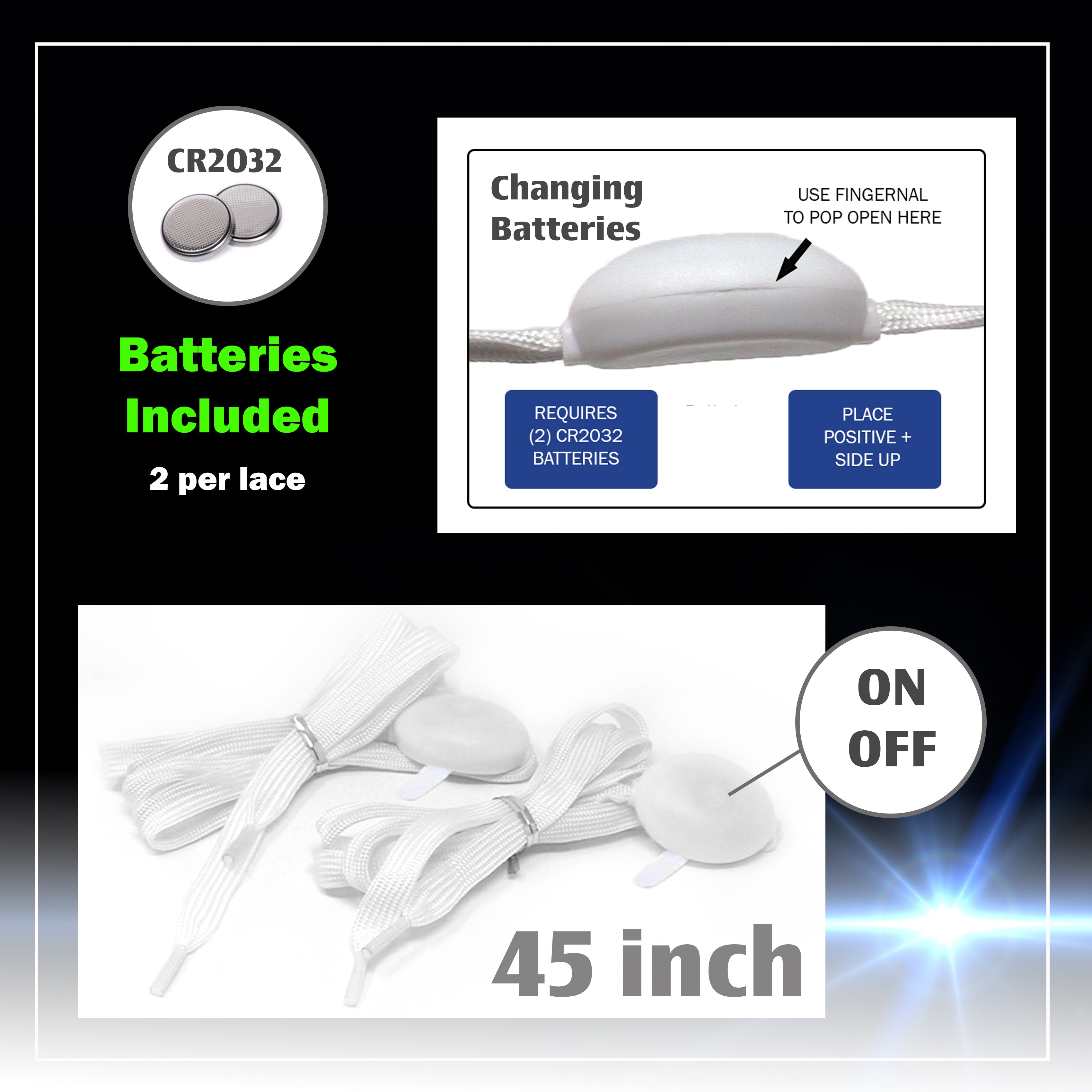 |4 Pairs| 7 Color Strobe LED Light Up Shoe Laces Glow in the Dark White Tie Shoelaces for Sneakers, Skates, 45 inch