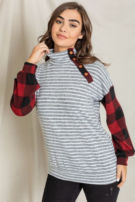 Turtle Neck Checker Sleeve Tunic