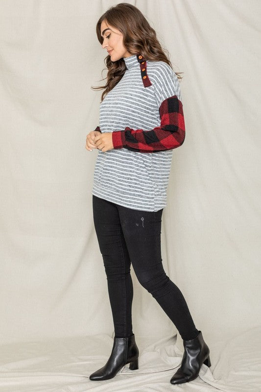 Turtle Neck Checker Sleeve Tunic