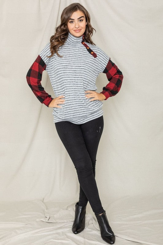 Turtle Neck Checker Sleeve Tunic