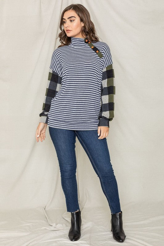 Turtle Neck Checker Sleeve Tunic