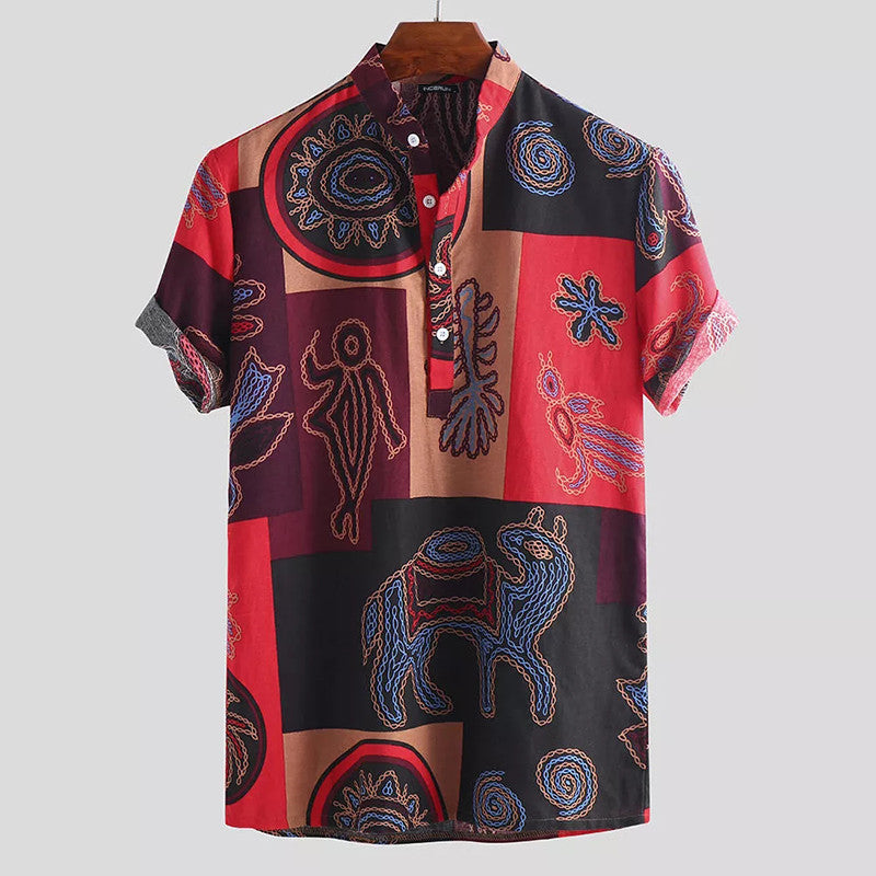 European And American Fashion Totem Print Shirt Large Size Collar Short Sleeve Top