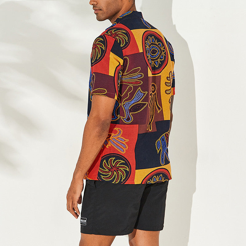 European And American Fashion Totem Print Shirt Large Size Collar Short Sleeve Top