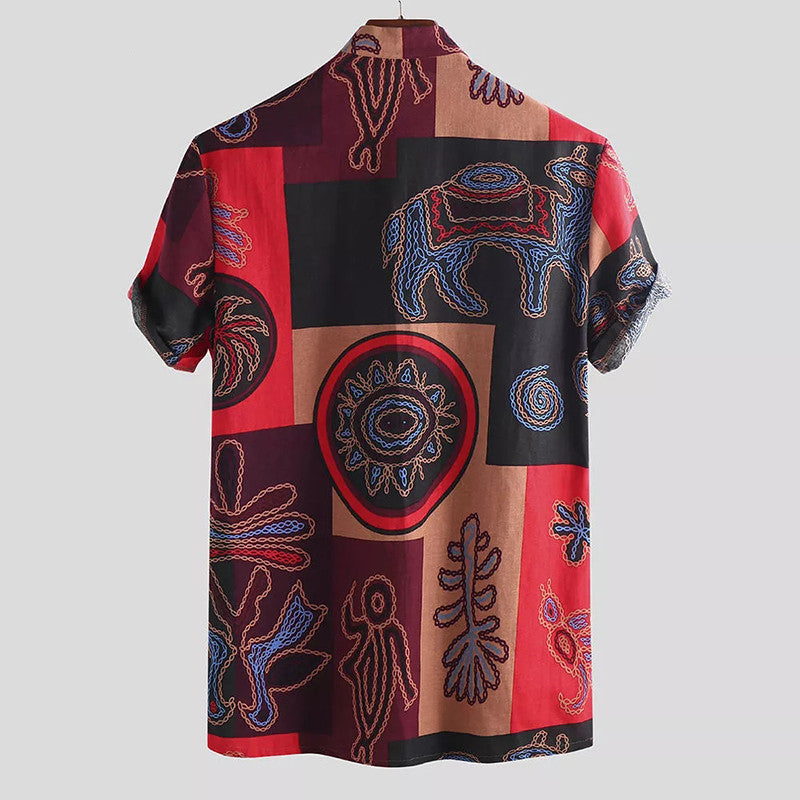 European And American Fashion Totem Print Shirt Large Size Collar Short Sleeve Top