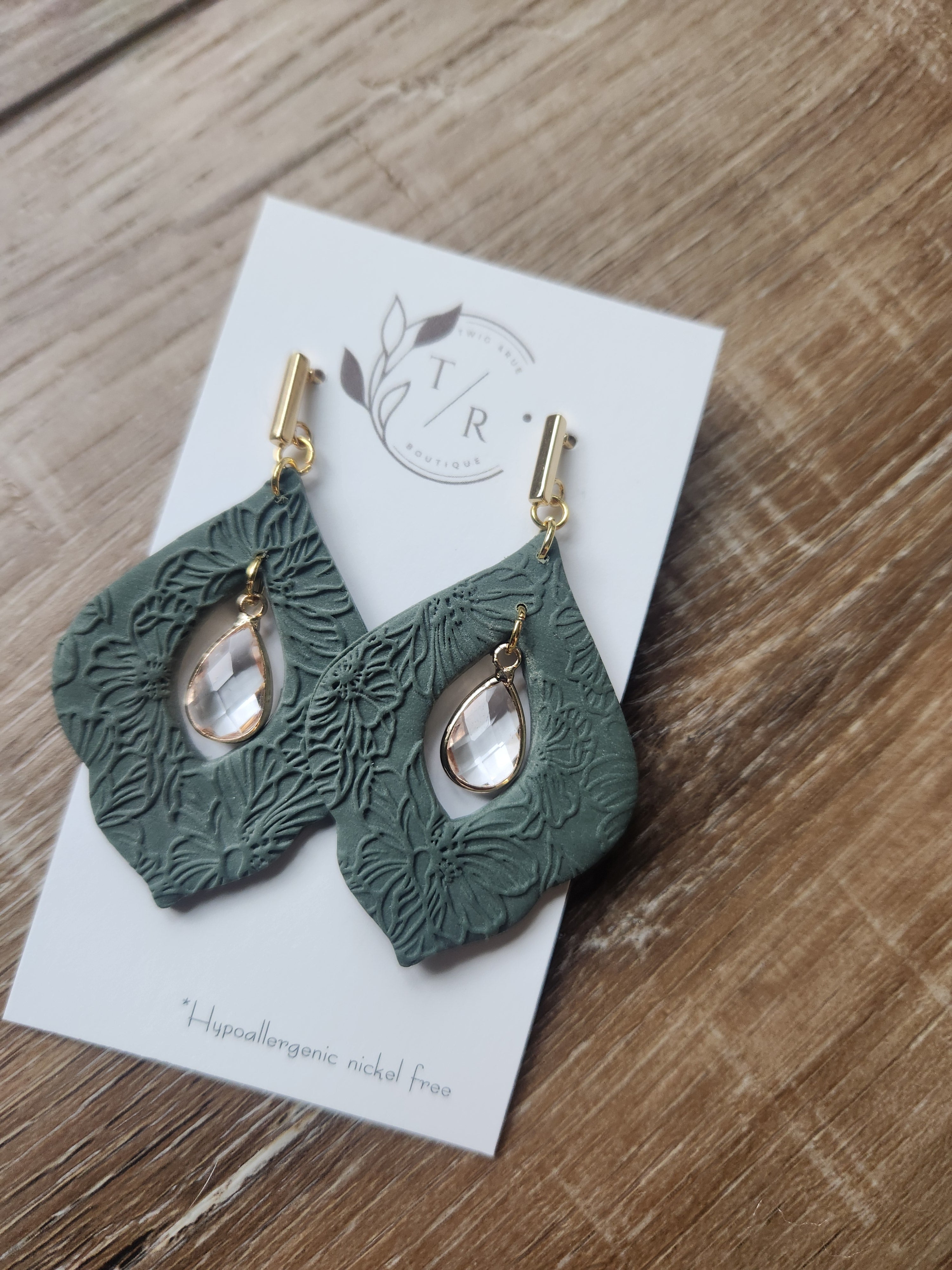 Willow| Floral clay earring with crystal teardrop