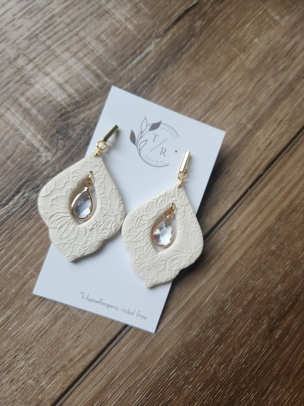 Willow| Floral clay earring with crystal teardrop