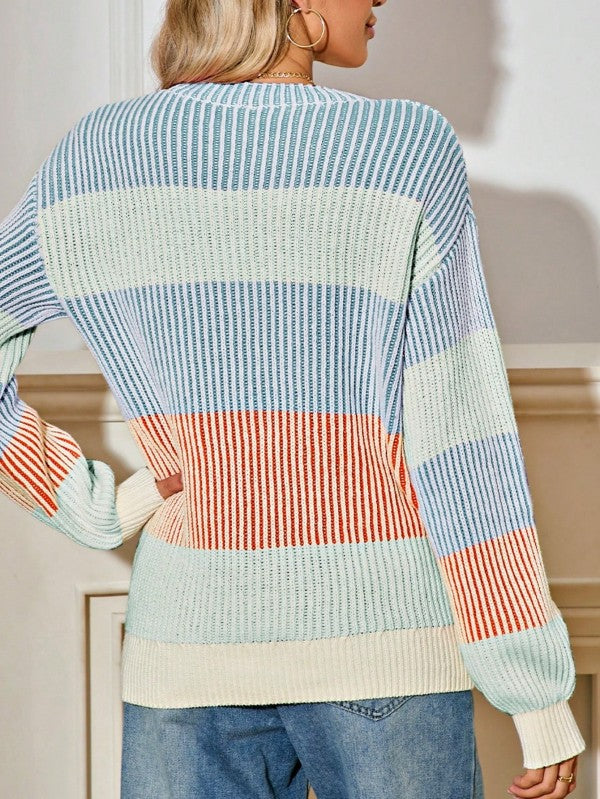 Cotton Color block Lantern Rib Knitted Sweater