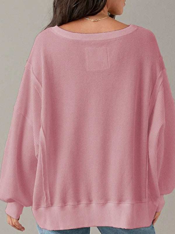 Cotton Waffle Bishop Split Oversized Pullover