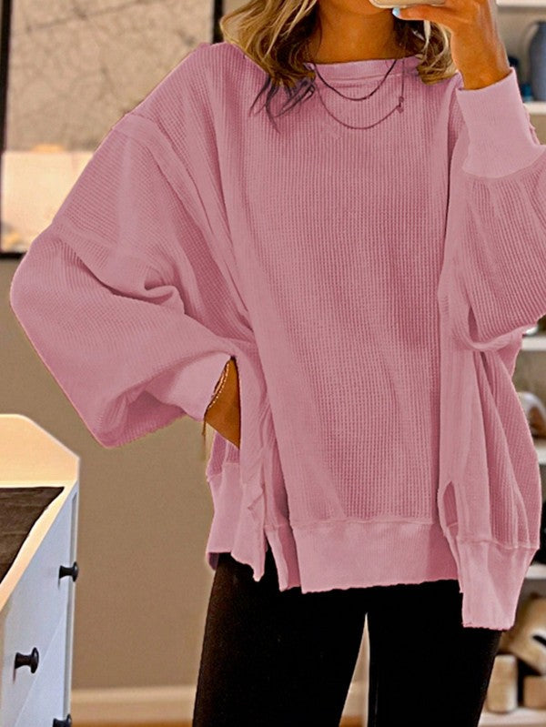 Cotton Waffle Bishop Split Oversized Pullover