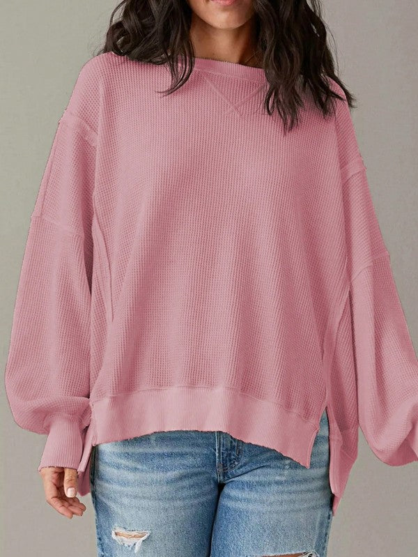 Cotton Waffle Bishop Split Oversized Pullover