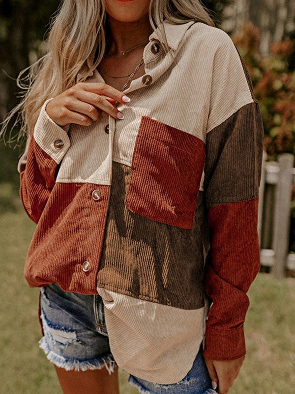 Corduroy Boho Patch Button Shirt Shacket