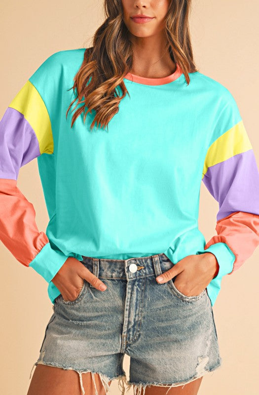 Boho Cotton 90's Color Block Sleeve Loose Fit Top