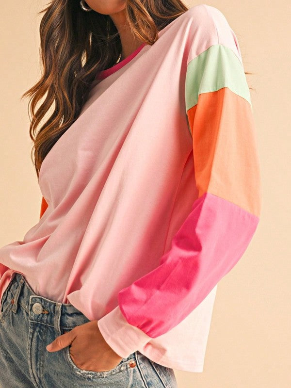 Boho Cotton 90's Color Block Sleeve Loose Fit Top