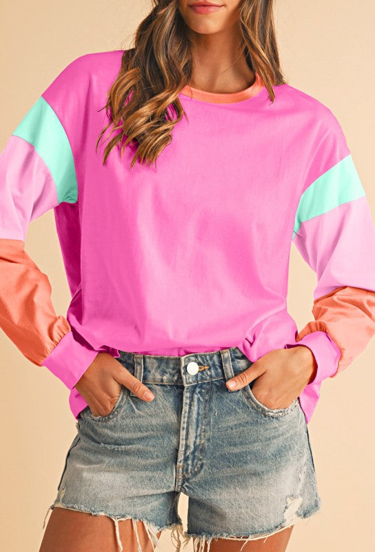 Boho Cotton 90's Color Block Sleeve Loose Fit Top