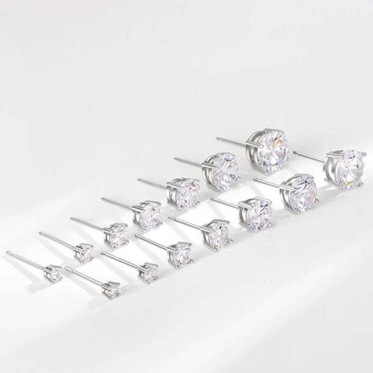 S925 Dazzling Classic 4-Prong CZ Stud Earrings, 2-8mm Round Cubic Zirconia Sterling Silver Earrings, 4 Color Options, Unisex Men Women Daily