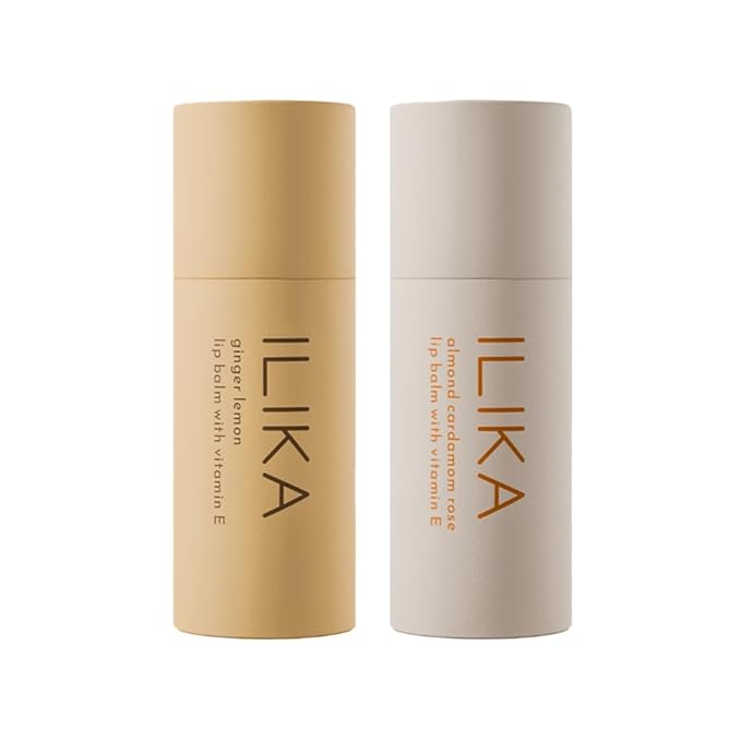 ILIKA Lip balm, Organic, 100% Plant-based, Natural Lip Treatment, COSMOS Certified Organic, PETA Certified Vegan & Cruelty-Free 2 Pack, Ginger Lemon & Almond Cardamom Rose