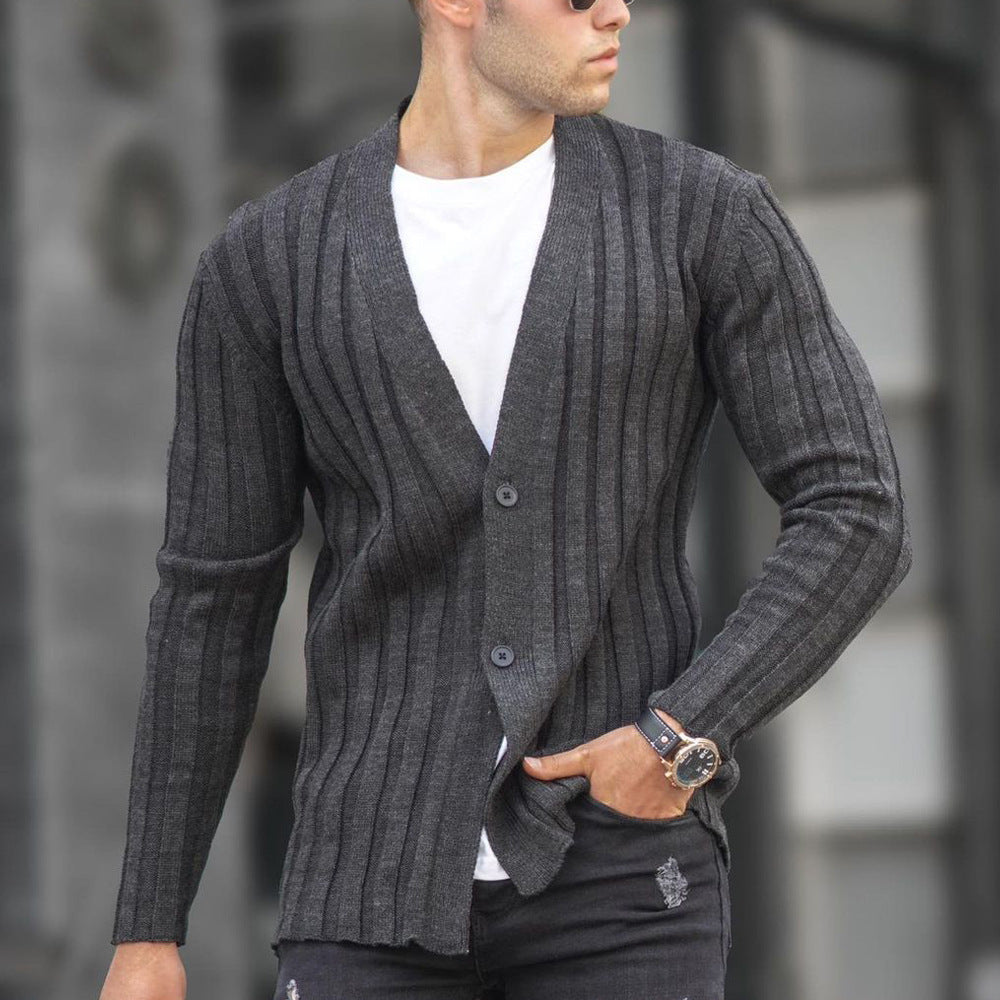 European And American Men's Solid Color Cardigan Pit Strip Casual Slim Sweater Knit Sweater