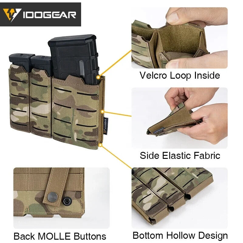 IDOGEAR Tactical Triple Mag Pouch MOLLE, Fits 5.56 & 9mm Magazines, Multi-Color