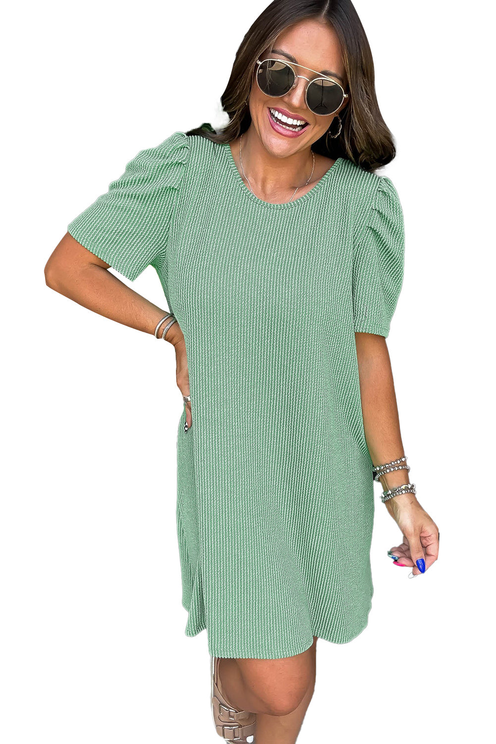 Blossom Corded Crew Neck Puff Sleeve Mini Dress