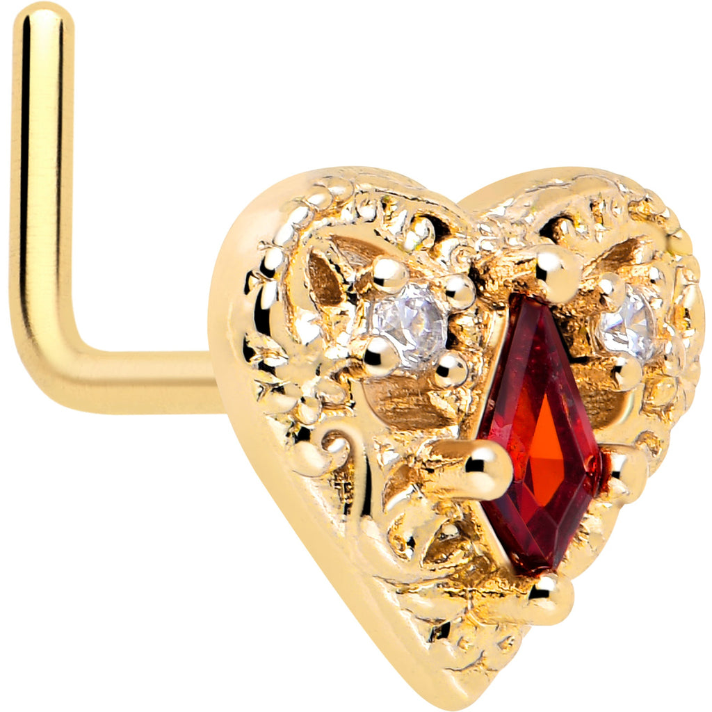 20G 7mm Red CZ Gem Gold Tone Heart Queen L Shape Nose Ring