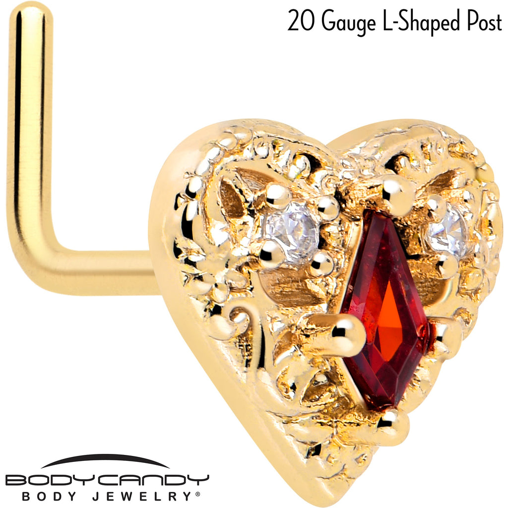 20G 7mm Red CZ Gem Gold Tone Heart Queen L Shape Nose Ring