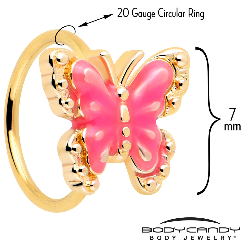 20G 5/16 Gold Tone Butterfly Pink Splash Nose Hoop