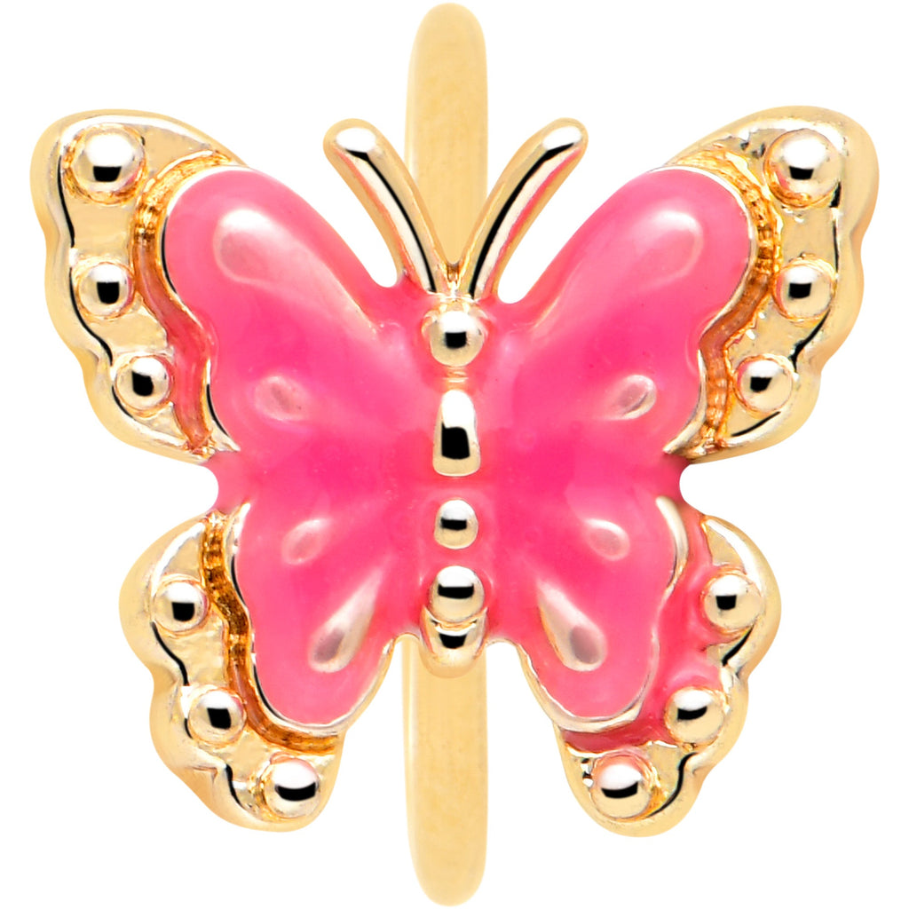 20G 5/16 Gold Tone Butterfly Pink Splash Nose Hoop