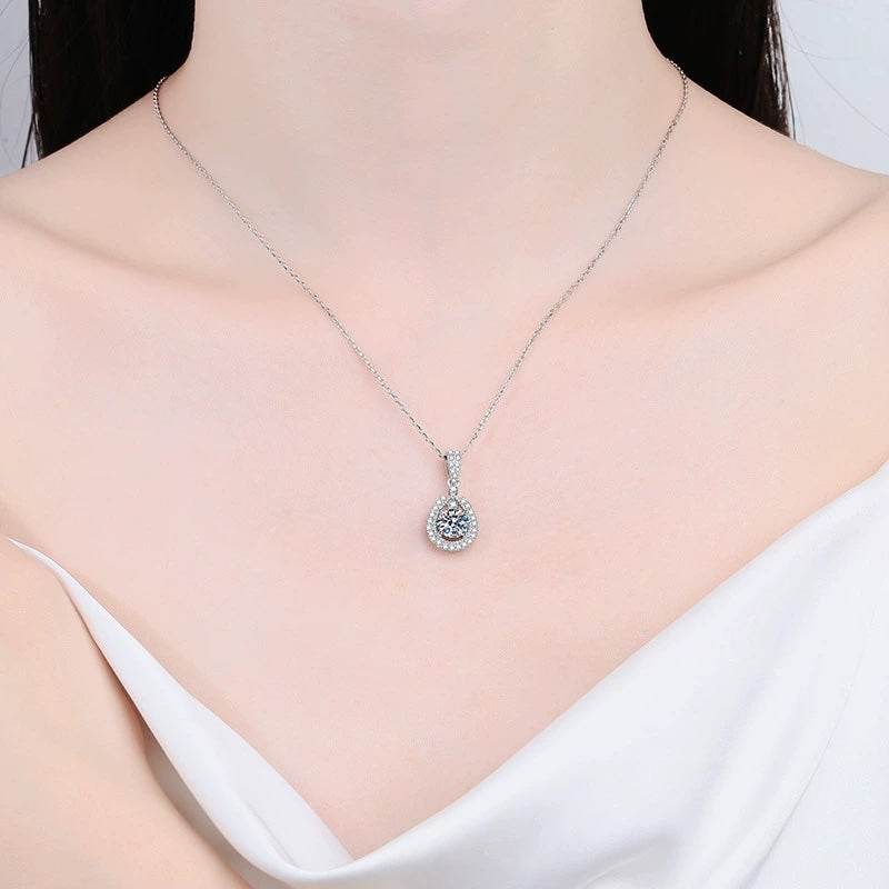 S925 Moissanite Teardrop Halo Pendant Necklace with Pavé Top Frame, 1-5ct VVS1 D-Grade Certified, Sterling Silver Pear Shape Pendant for Her