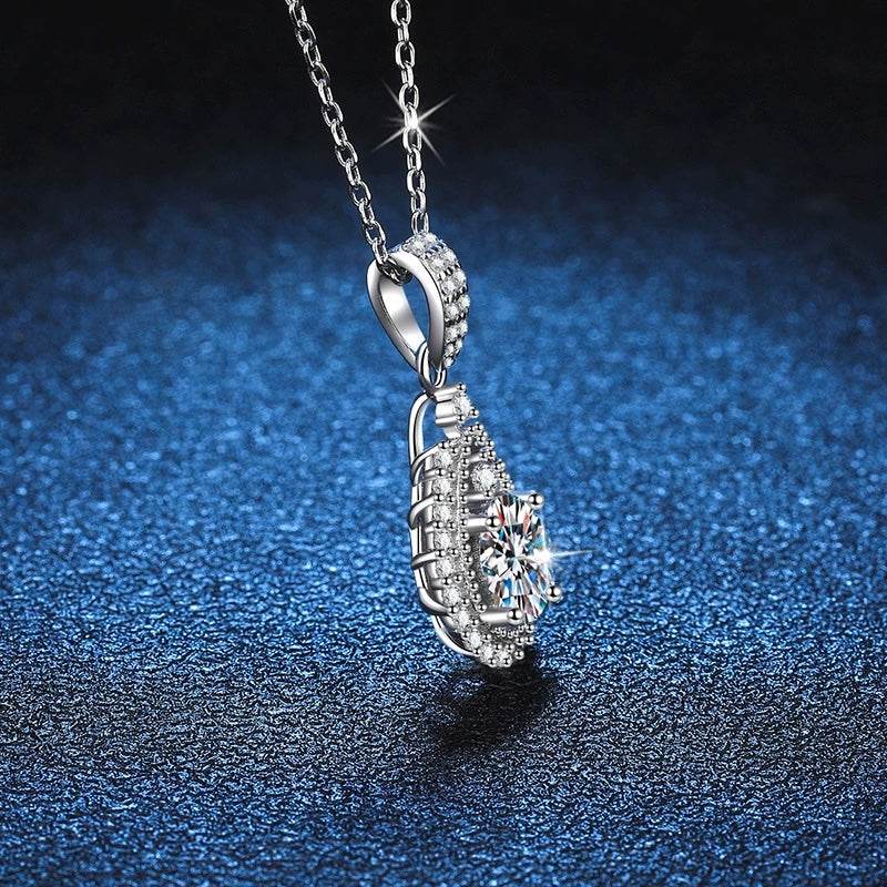 S925 High Carbon CZ Teardrop Halo Pendant Necklace with Pavé Top Frame, 6-11mm Cubic Zirconia, Sterling Silver Pear Shape Pendant for Her