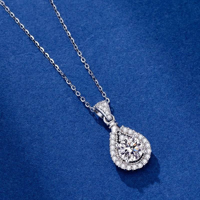S925 Moissanite Teardrop Halo Pendant Necklace with Pavé Top Frame, 1-5ct VVS1 D-Grade Certified, Sterling Silver Pear Shape Pendant for Her