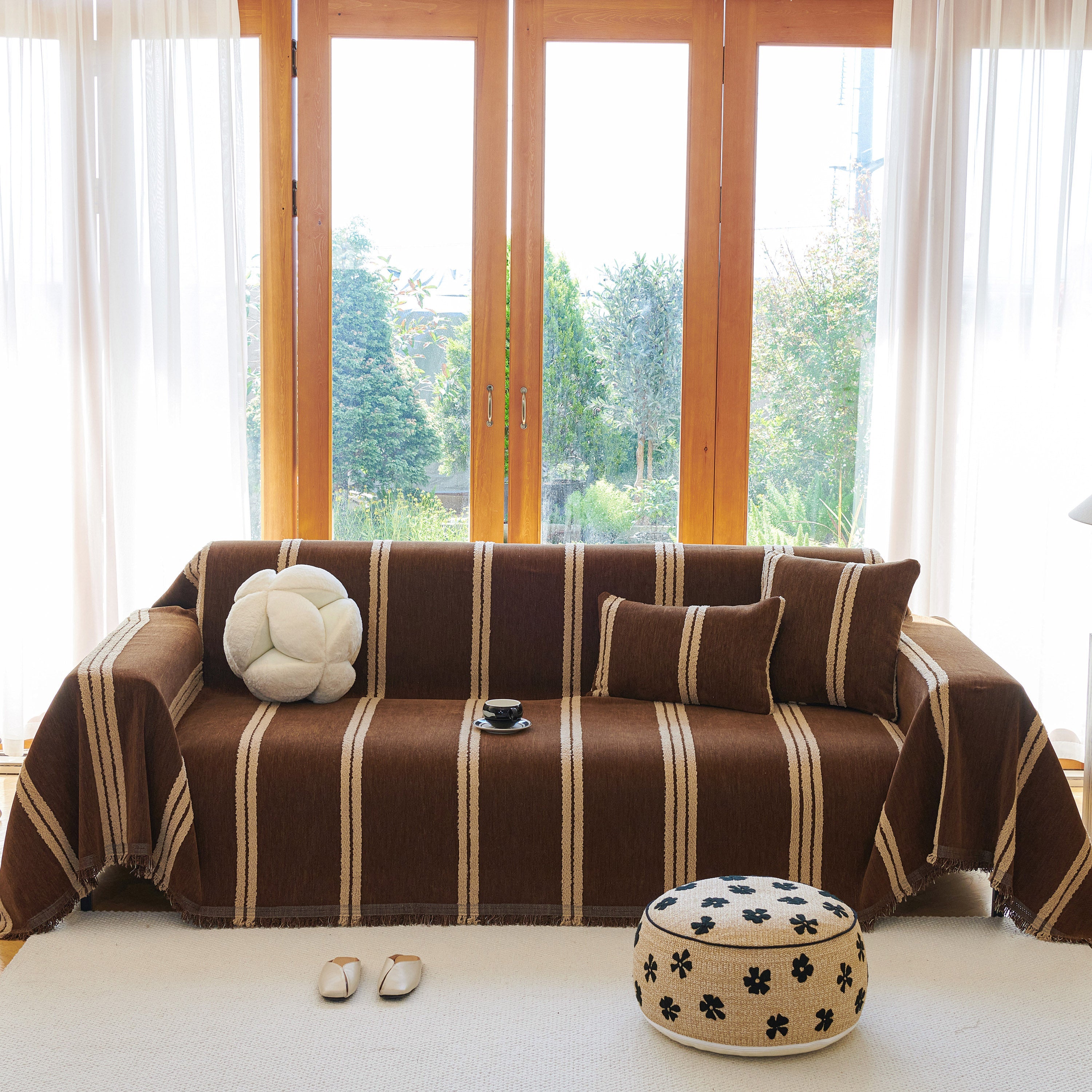 Textural Striped Chenille Sofa Covers, Boho Washable Decor Sofa Blankets Covers