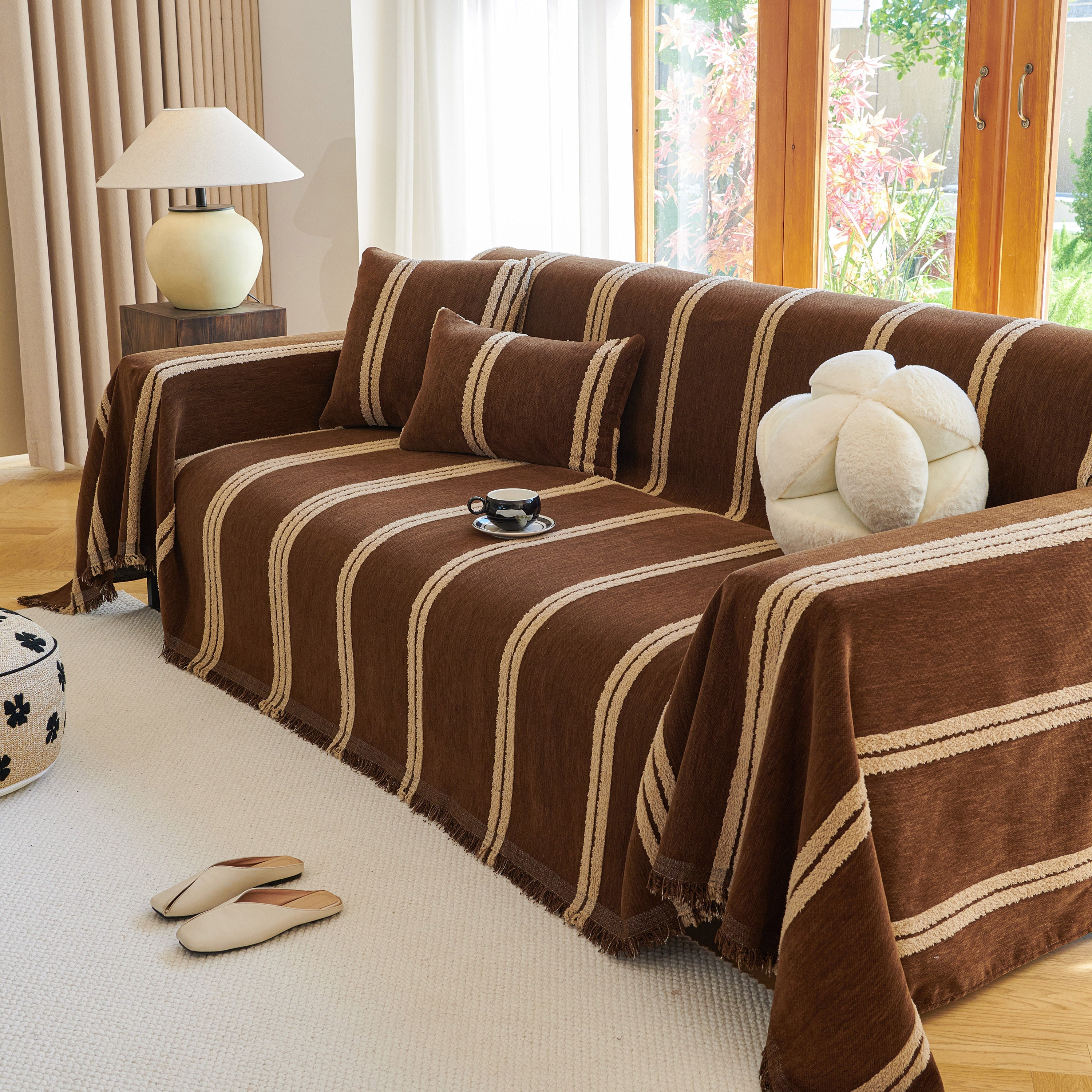 Textural Striped Chenille Sofa Covers, Boho Washable Decor Sofa Blankets Covers