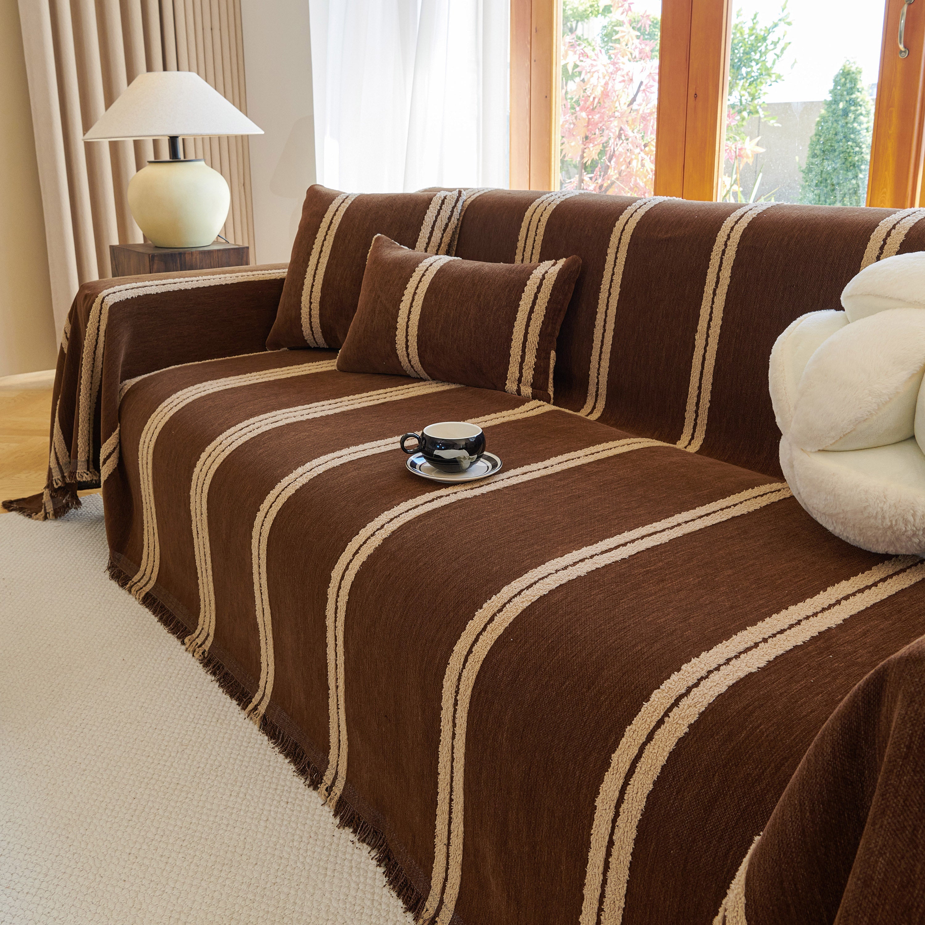 Textural Striped Chenille Sofa Covers, Boho Washable Decor Sofa Blankets Covers