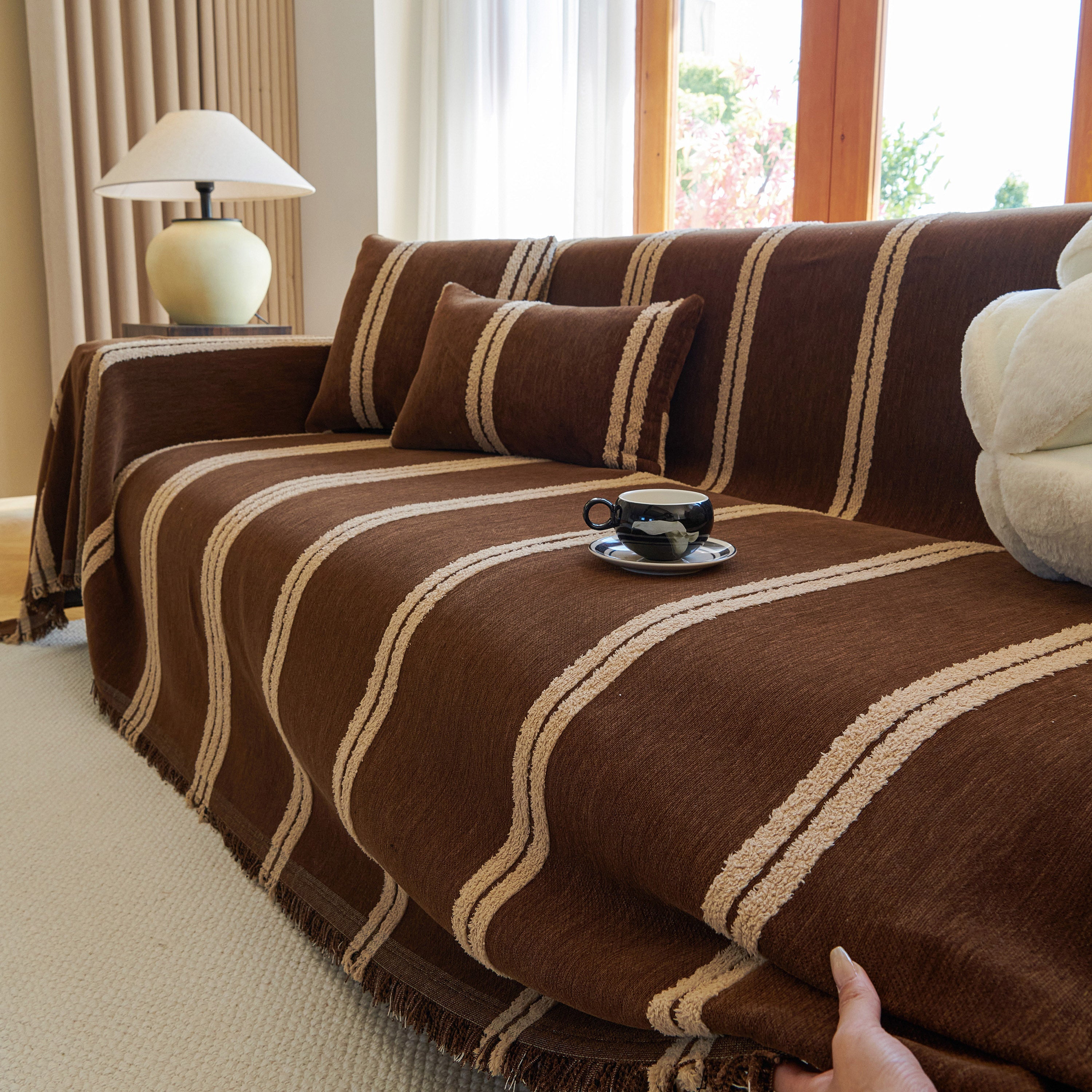 Textural Striped Chenille Sofa Covers, Boho Washable Decor Sofa Blankets Covers