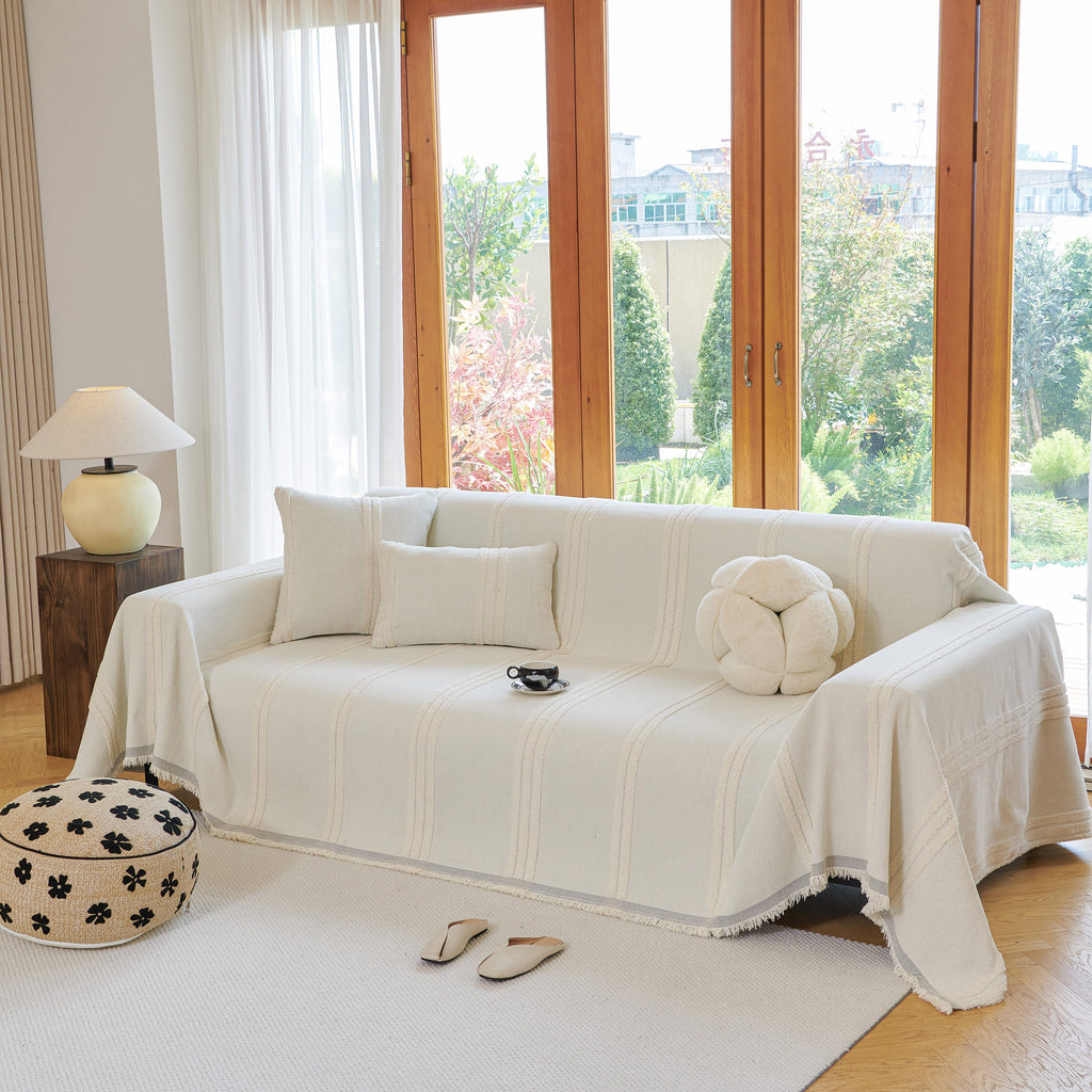 Textural Striped Chenille Sofa Covers, Boho Washable Decor Sofa Blankets Covers