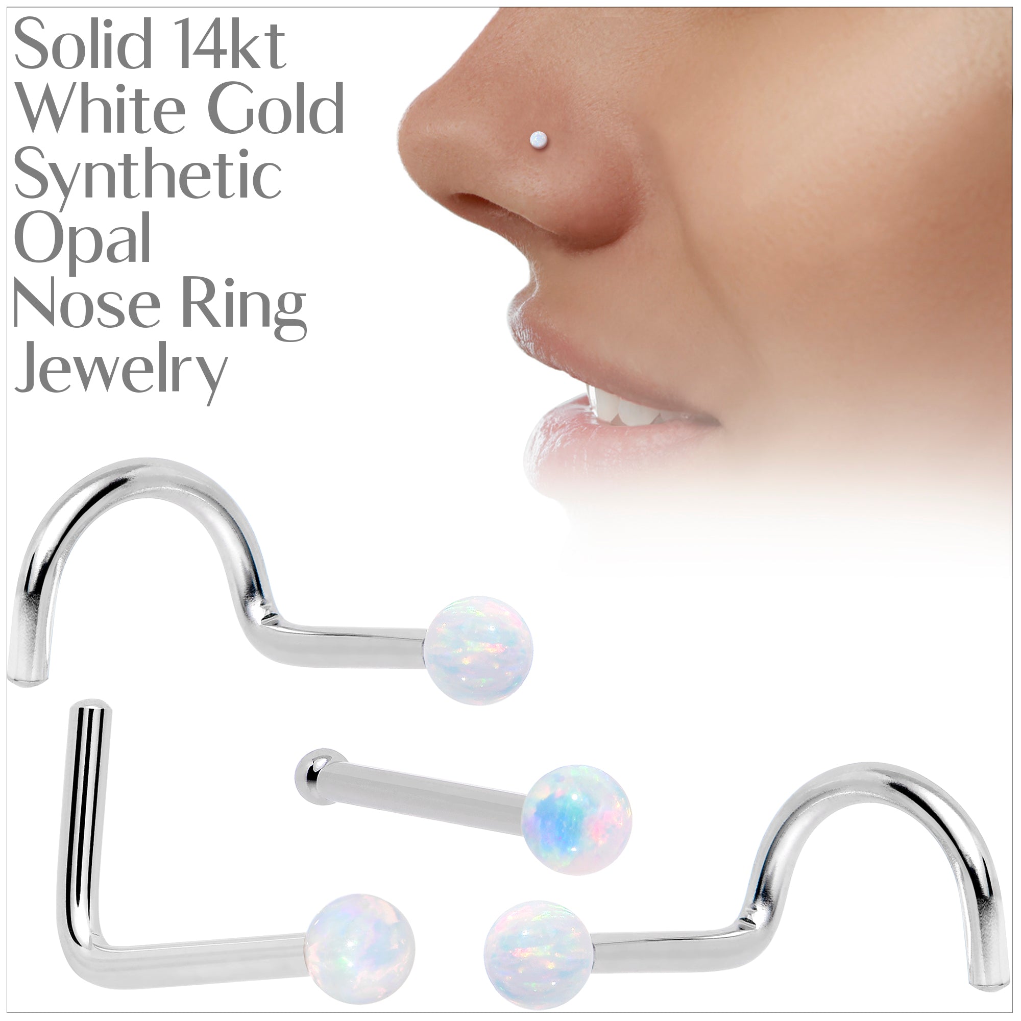 14k White Gold 2.5mm Synthetic Opal Ball Nose Ring