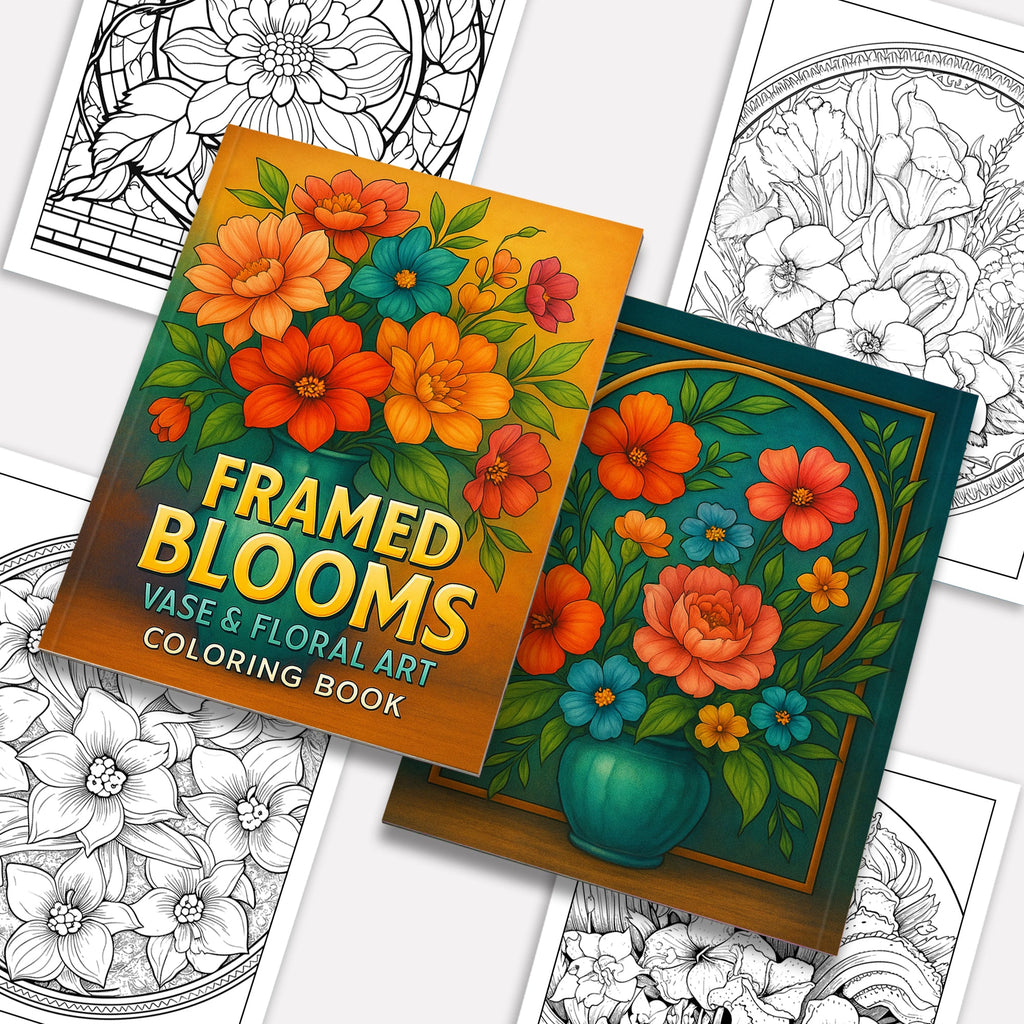 Framed Blooms Vase Coloring Pages – 48 Pages – Beautiful Flowers, Artistic Frames, Vase Designs – For Adults