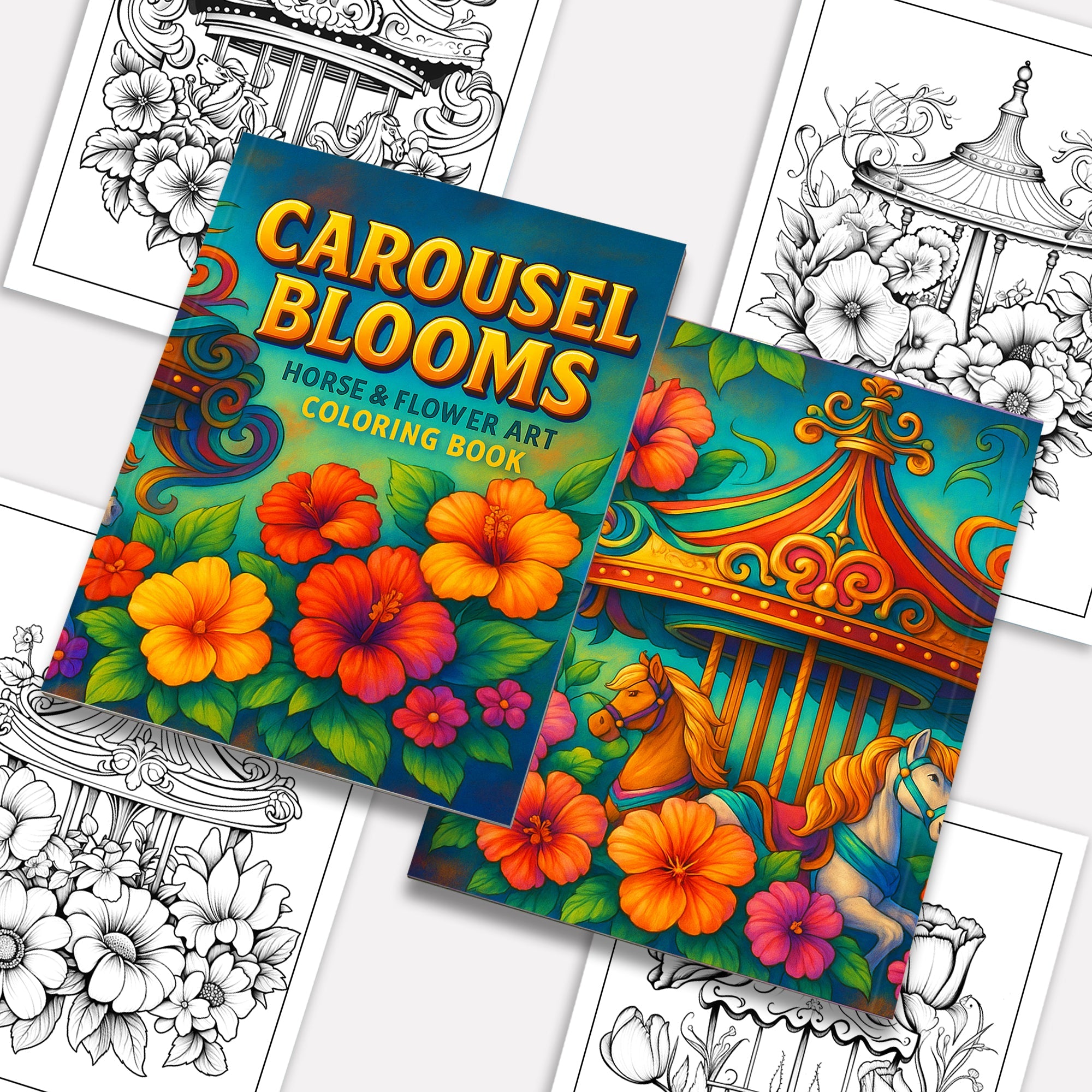 Carousel Blooms Coloring Pages – 48 Pages – Floral Carousel Art, Decorative Horses – For Adults