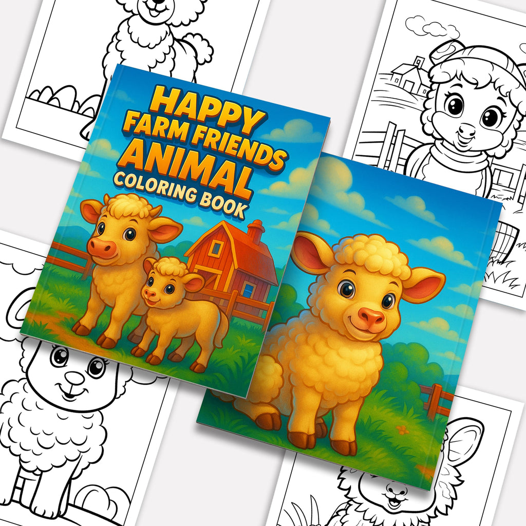 Happy Farm Friends Animal Coloring Pages – 48 Pages – Cute Baby Animals, Farm Scenes – For Kids