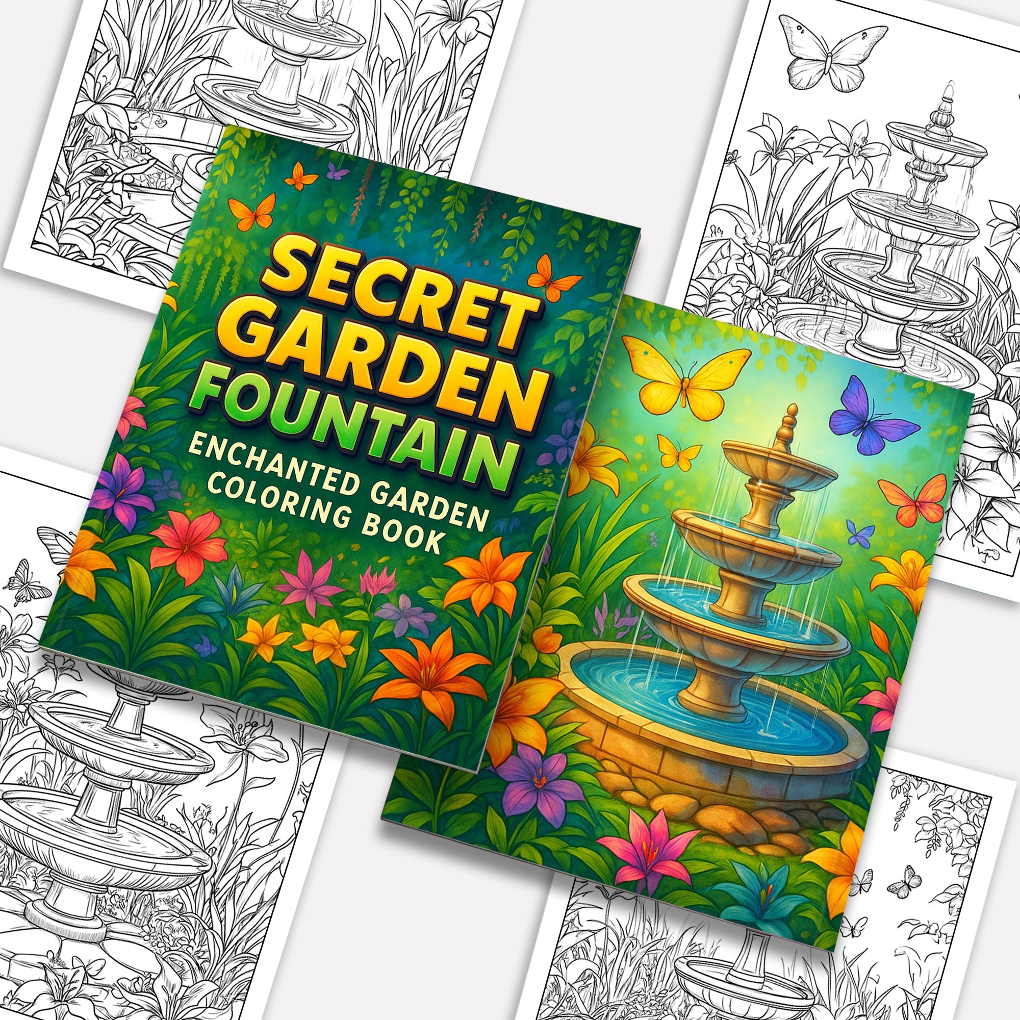 Secret Garden Fountain Coloring Pages – 48 Pages – Beautiful Garden, Fountains, and Floral Designs – For Adults