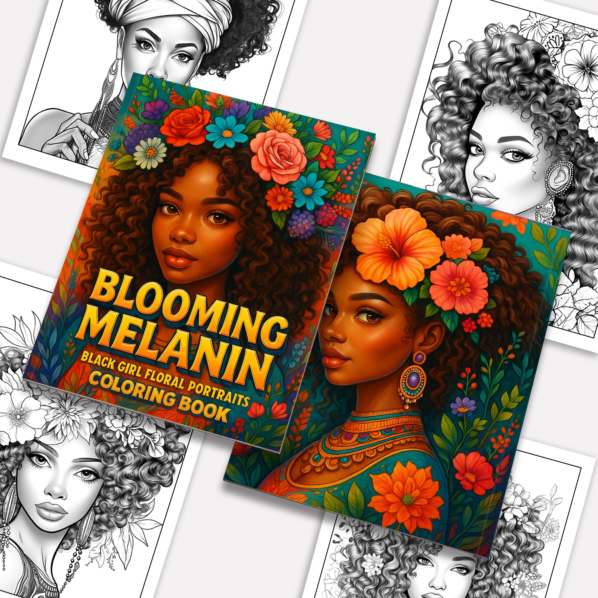 Blooming Melanin Coloring Pages – 48 Pages – Beautiful Black Girl Floral Portraits – For Adults