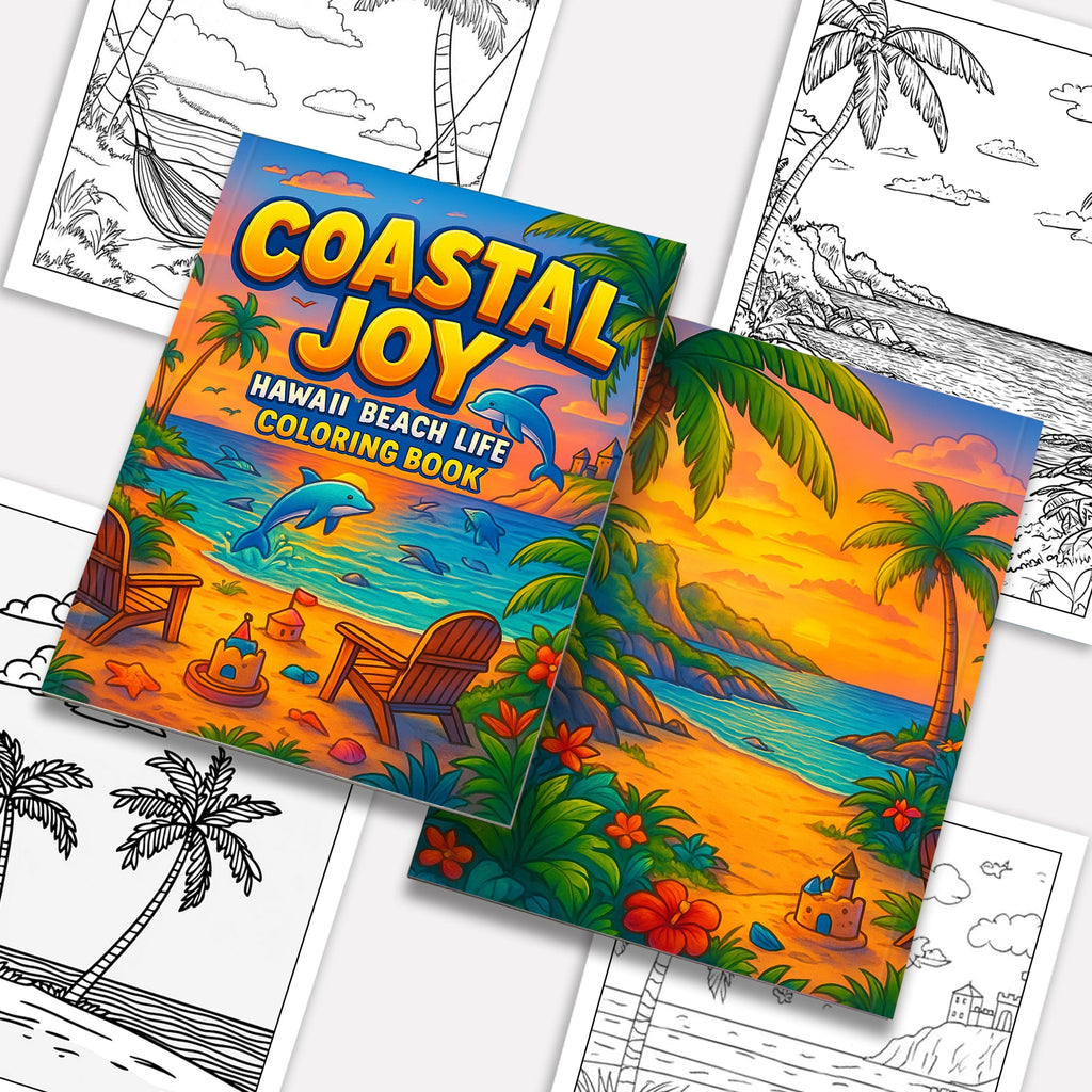 Coastal Joy Hawaii Coloring Pages – 48 Pages – Tropical Fun, Surfboards, Sea Life – For Kids