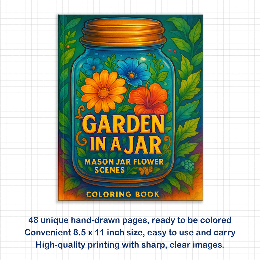 Garden in a Jar Coloring Pages – 48 Pages – Flower Jars, Nature Terrarium Scenes – For Adults