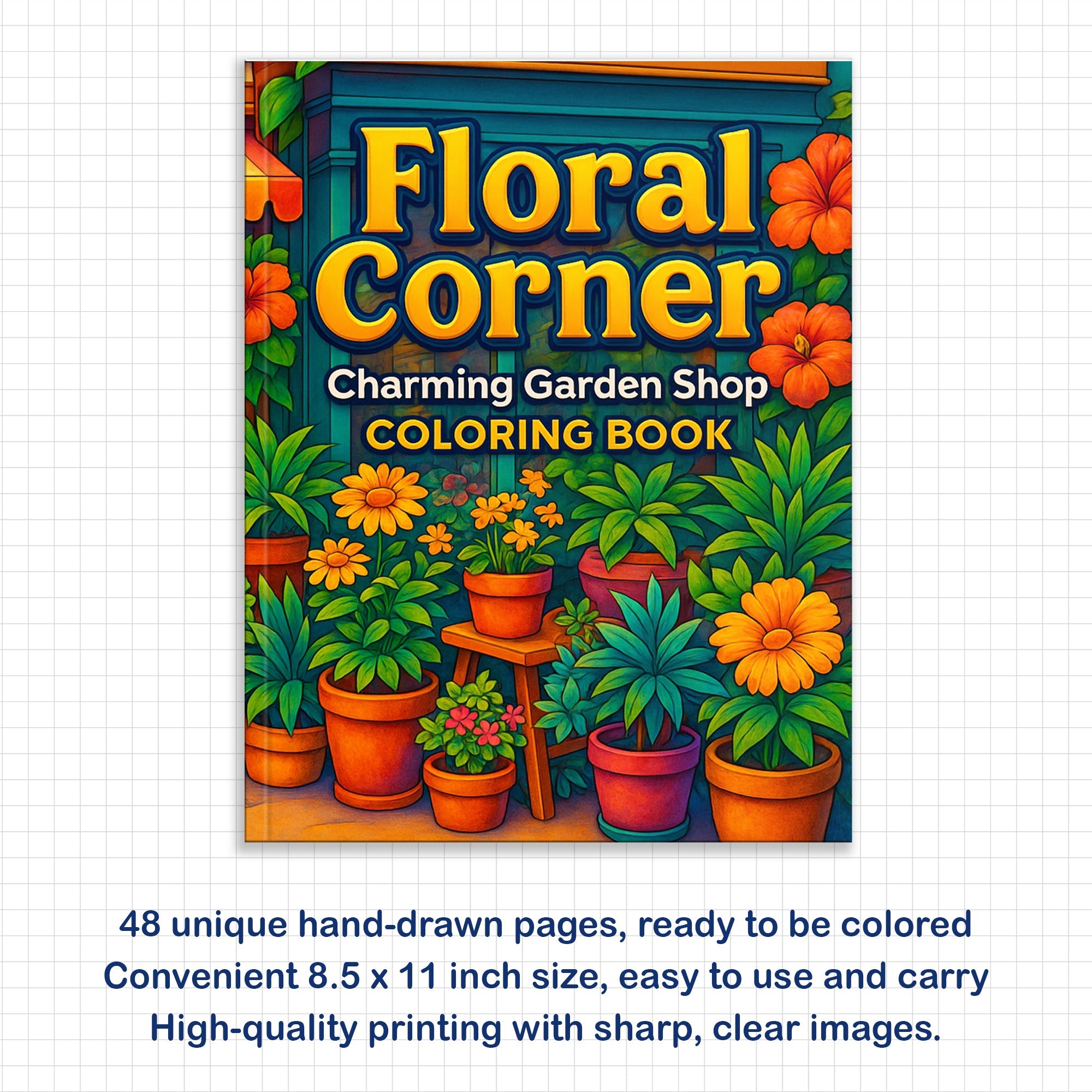 Floral Corner Coloring Pages – 48 Pages – Plant Shop Scene, Pots & Leaves, Peaceful Garden – For Adults