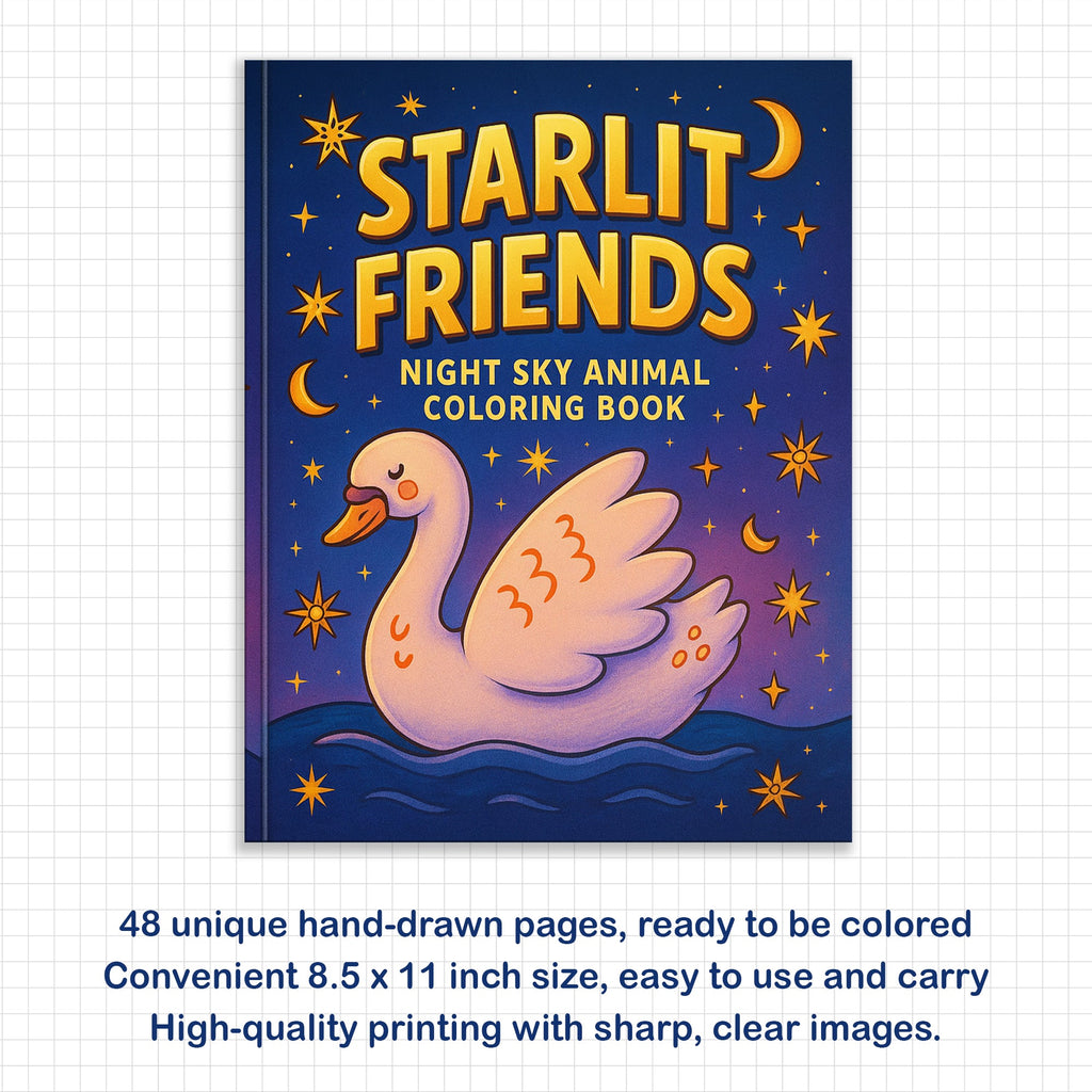 Starlit Friends Coloring Pages – 48 Pages – Cute Night Animals – For Kids