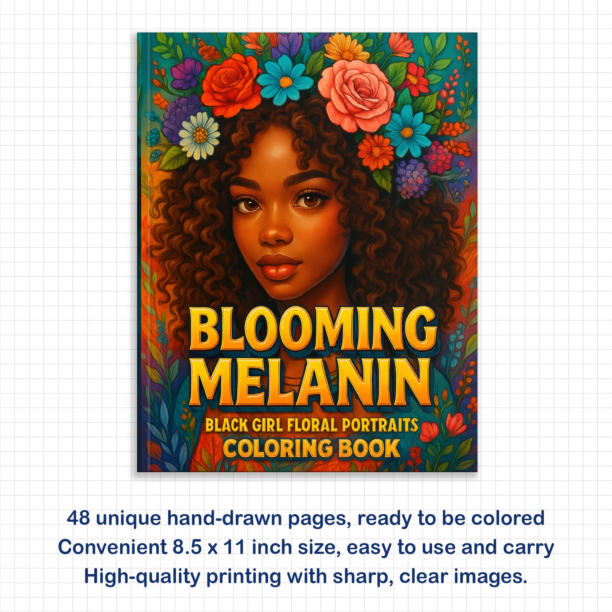 Blooming Melanin Coloring Pages – 48 Pages – Beautiful Black Girl Floral Portraits – For Adults
