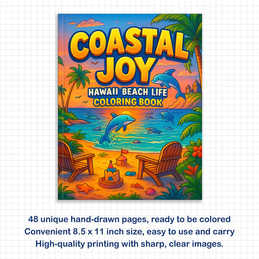 Coastal Joy Hawaii Coloring Pages – 48 Pages – Tropical Fun, Surfboards, Sea Life – For Kids
